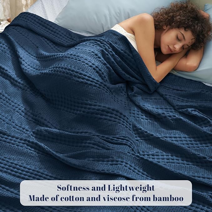 PHF Cooling Waffle Blanket Queen Size, Lightweight 60% Rayon Derived from Bamboo & 40% Cotton Breathable Blanket for Hot Sleepers, Soft and Luxury for Bed Couch and Sofa, 90"x90", Navy Blue