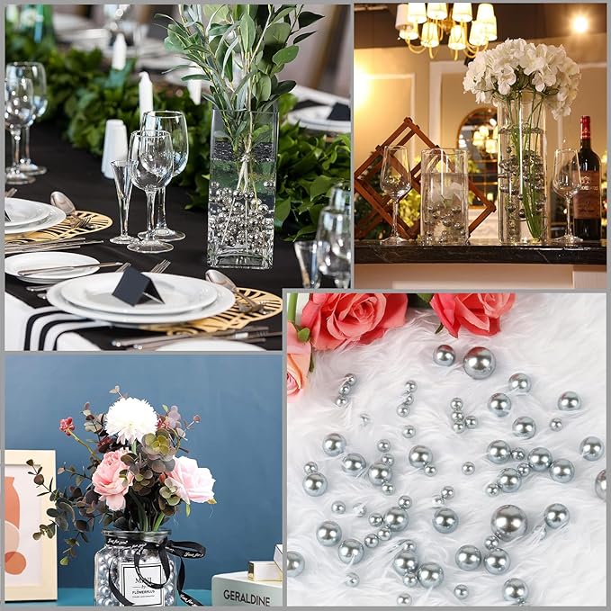200 PCS Silver Vase Fillers, Pearls Bead for Centerpieces Vases, 10/14/20 MM No Hole Beads, Fake Pearls for Wedding Birthday Anniversary Theme Party Table Centerpieces Decor