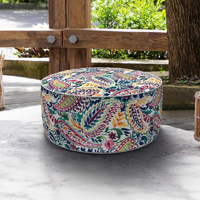 LVTXIII Indoor/Outdoor Inflatable Ottoman, D31 x H14 Inch Large Round Ottoman, All Weather Foot Rest Stool, Portable Footrest for Patio, Garden, Camping and Home - Vigour Paisley
