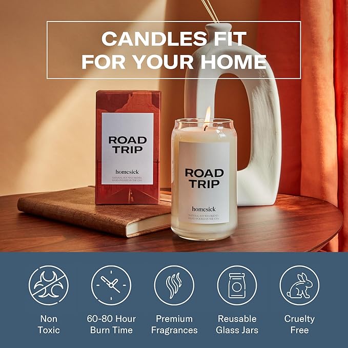 Homesick Scented Candles for Home (Road Trip) - 13.75 oz Long-Lasting Natural Soy Wax Blend Jar Candle Gifts for Women & Men for All Occasions, 60-80 Hours Burn Time - Notes of Lime, Leather & Marine