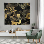 HZOHNAGO Japanese Tapestry Gold Flowers Umbrella Fan Pattern Printed Wall Tapestry Painting Wall Hanging for Bedroom Living Room Dorm 60" W x 50" H