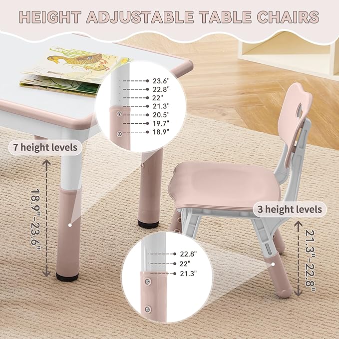 Kids Study Table and Chairs Set, Height Adjustable Toddler Table and Chair Set for Kids Ages 3-8, Graffiti Desktop Plastic Children Art Table with 4 Seats, Lovely Pink