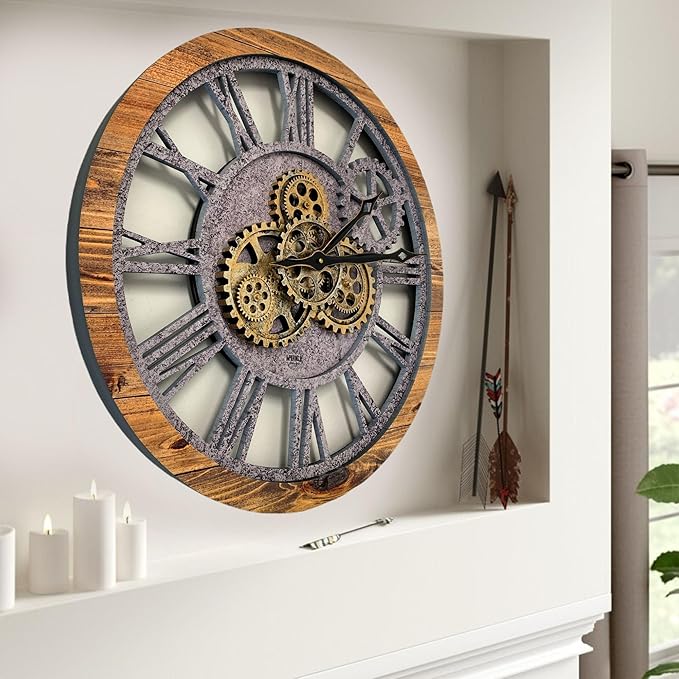 The Gears Clock The Original Real Moving Gear Wall Clock Vintage Industrial Oversized Rustic Farmhouse (24 inch (60cm),Wood&Stone)