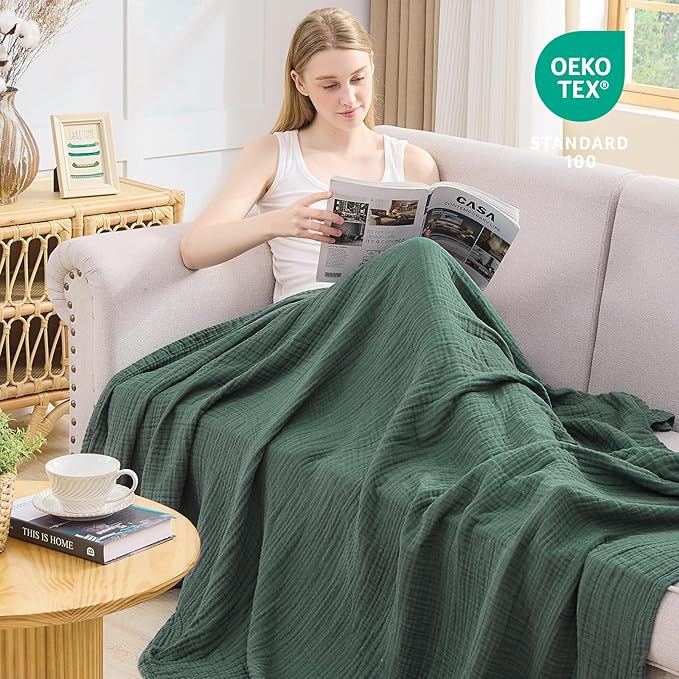 EMME Cotton Muslin Large Throw Blanket Couch Breathable Gauze Blanket Soft Lightweight Bed Blankets Adults (Forest Green, 50"x70")