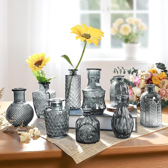 Grey Bud Vases in Bulk 24, Embossed Glass Small Vases for Flowers, Vintage Mini Flower Vase for Centerpieces, Wedding Decoration, Party, Baby Shower, Birthday, Home Decor, Living Room, Office