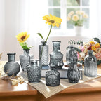 Grey Bud Vases in Bulk 24, Embossed Glass Small Vases for Flowers, Vintage Mini Flower Vase for Centerpieces, Wedding Decoration, Party, Baby Shower, Birthday, Home Decor, Living Room, Office