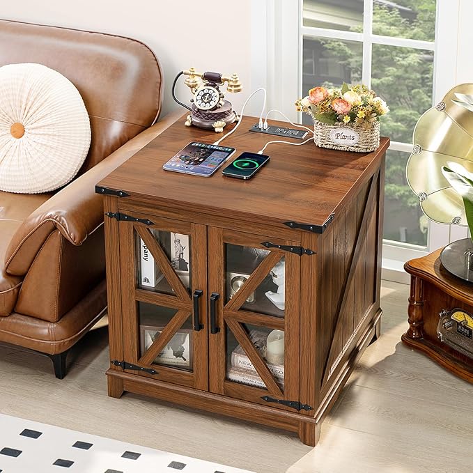 Farmhouse End Table with Charging Station, 24" Large Sofa Side Table with Glass Barn Door, Green Nightstand with Adjustable Storage Shelf, Wood Square Bedside Table for Living Room, Bedroom