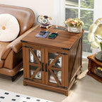 Farmhouse End Table with Charging Station, 24" Large Sofa Side Table with Glass Barn Door, Green Nightstand with Adjustable Storage Shelf, Wood Square Bedside Table for Living Room, Bedroom