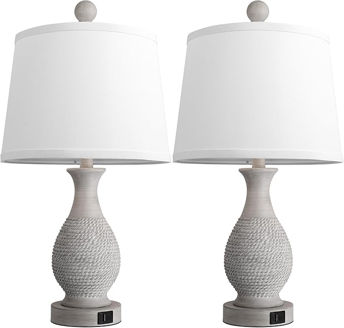 PARTPHONER Traditional Table Lamps Set of 2, Bedside Touch Lamp with USB C+A Charging Ports, Rustic Farmhouse Table Lamps for Living Room Bedroom, Side Table Lamp with White Fabric Shade, Antique Grey