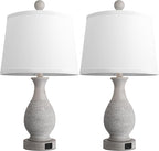 PARTPHONER Traditional Table Lamps Set of 2, Bedside Touch Lamp with USB C+A Charging Ports, Rustic Farmhouse Table Lamps for Living Room Bedroom, Side Table Lamp with White Fabric Shade, Antique Grey