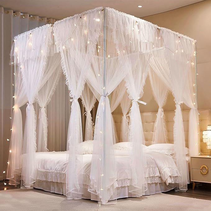 4 Corners Post Princess Curtains Bed Canopy for Girls 8 Panels Curtain- Double Layer Sheer Mesh Canopies Drapes Girls Room Decor (8P-White/White, 4P(27"x82") W+4P(40"x82") L/(Full))