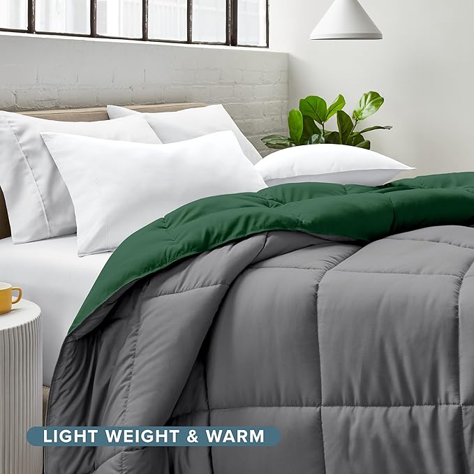 Bare Home Twin/Twin Extra Long Comforter - Reversible Colors - Goose Down Alternative - Ultra-Soft - Premium 1800 Series - All Season Warmth - Bedding Comforter (Twin/Twin XL, Grey/Forest Green)