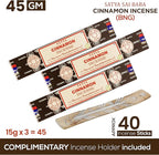 Satya Cinnamon Incense Sticks, Satya Bng (Bangalore) Insenses 15gmx3 Pack with Raajsee Incense Holder Bundle, Satya Nagchampa Natural Incense