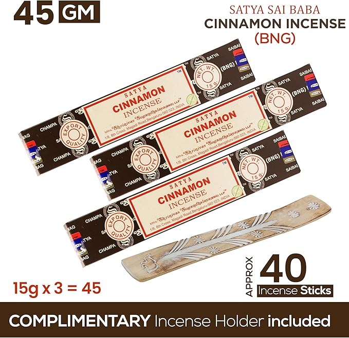 Satya Cinnamon Incense Sticks, Satya Bng (Bangalore) Insenses 15gmx3 Pack with Raajsee Incense Holder Bundle, Satya Nagchampa Natural Incense