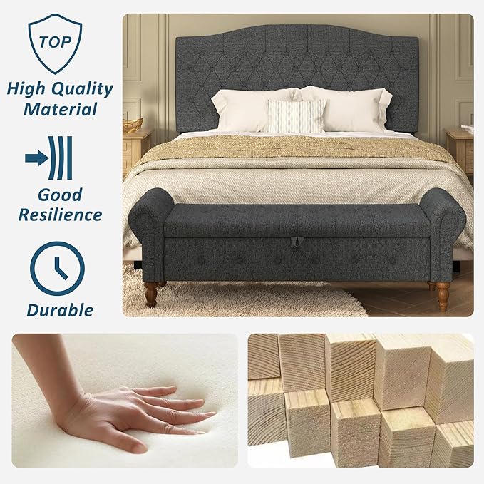 Storage Ottoman Bench for Bedroom, Linen 52" End of Bed Bench with Rolled Arms Upholstered Ottoman Bench Fit for Bedroom, Living Room, Entryway, Dark Gray
