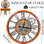 The B-Style 36" Large Moving Gear Wall Clock Oversized Vintage Farmhouse Wall Clocks for Living Room Decor Rustic Industrial Wood Clock (Brwon with Bronze Gears)