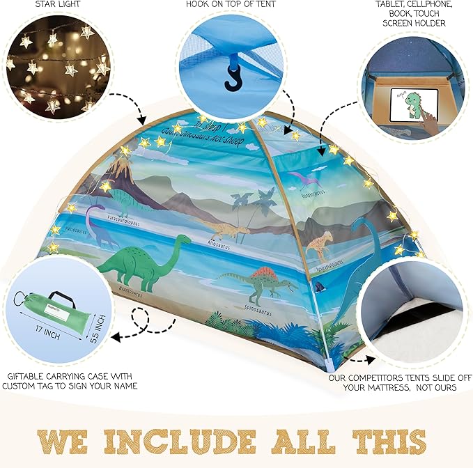 Dinosaur Twin Bed Tent for Kids Indoor Fort - Magical Dream Tents for Boys Pop Up Toddler Bed Canopy for Girls Bunk Bed Tent for Top Bunk - Sensory Sleep Pod for Kids Educational