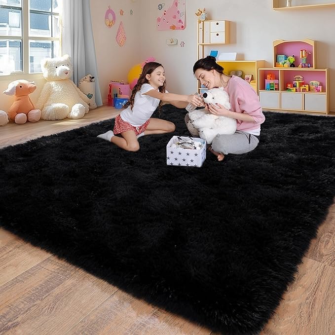 Large 8x10 Area Rugs for Living Room, Black Soft Shag Rug for Bedroom, Non-Slip Ultra Fluffy Rug, Modern Plush Carpet for Girls Boys Kids Room Dorm, Fuzzy Rug for Home Decor Aesthetic