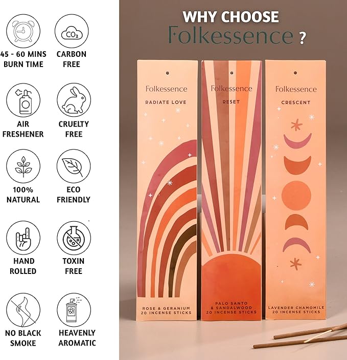 Folkulture Incense Sticks | Set of 6 (120 Sticks) Non Toxic Palo Santo Insence-Sticks | 45 Mins Burn Time | Sandalwood Incenses, Lemongrass, Rose Geranium | Organic Inscents-Sticks for Home
