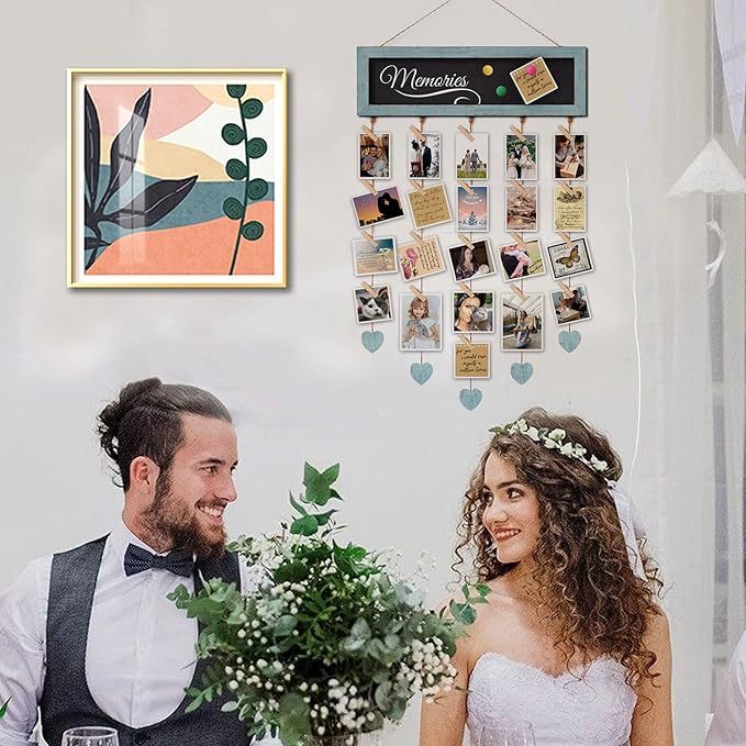 Picture Frames Collage Display Board with 30 Clips - Multi Photos Cards Organizer with Adjustable Twines and Magnetic Blackboard - DIY Wall Decor Hanging Picture Holder 15.7x5 Inches