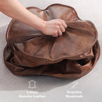Leather Ottoman,Handmade Stuffed Square Ottoman,Genuine Leather Pouf, Foot Rest Pouf,Comfortable Soft Seating for Living Room & Bedroom (Brown, Round)