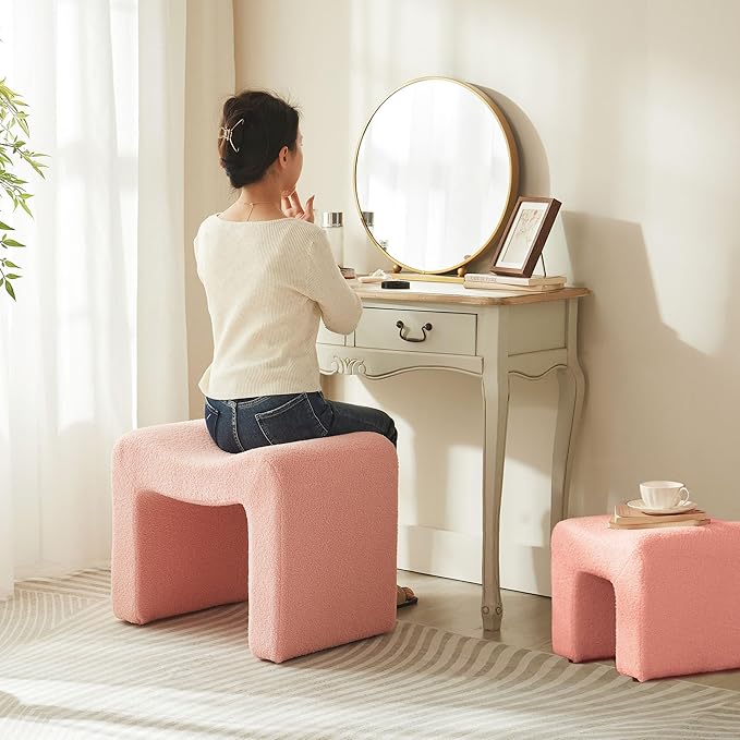 Ottoman Set of 2 Vanity Stool Chair Seating Backless Modern Foot Rest Teddy Velvet Small Footstool Ottoman for Makeup Room Living Room Bedroom Entryway,(2-in-1) Pink