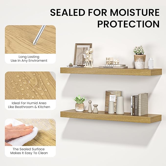 Floating Shelves for Wall, 40" W x 8" D x 1.5" H, Wooden Wall Mounted Display Shelves with Invisible Brackets for Living Room, Bedroom, Bathroom, Kitchen Decor and Storage, Set of 2, Oak
