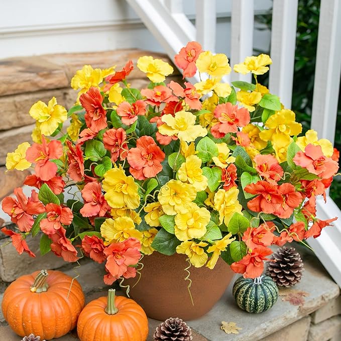 Fall Flowers Fake Flowers Mums for Outdoors Autumn Decoration, 6 Bundles Artificial Flowers Faux Silk Plants Realistic UV Resistant for Outside Planter Patio (Yellow Orange)