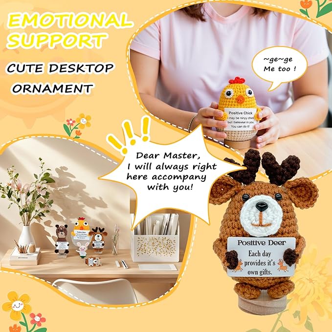 5 PCS Emotional Support Positive Chick, Deer, Otter, Pig, Bear, Stress Relieving Handmade Crochet Animals, Collectible Dolls Decorative Gifts for Friends and Family