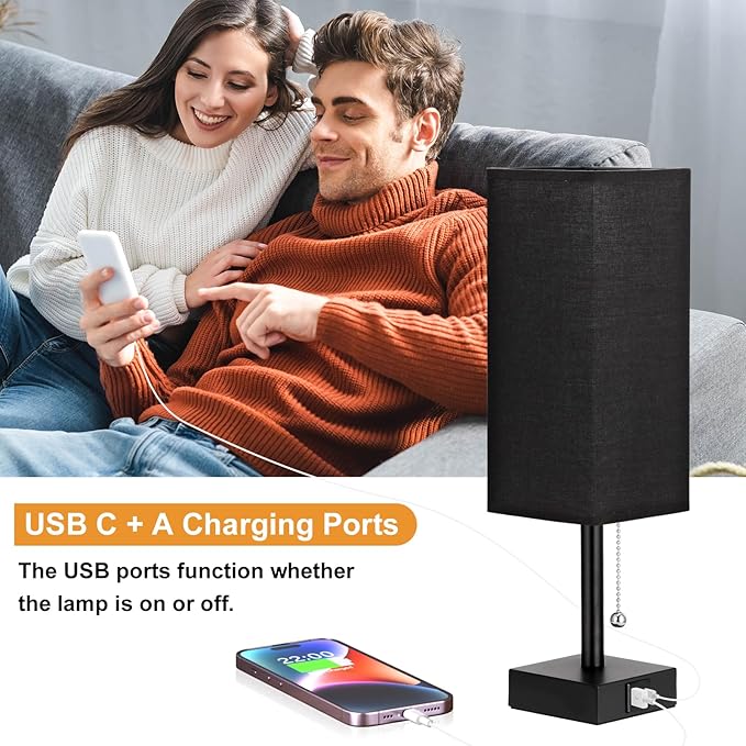 Bedside Table Lamps Set of 2 - Black Bedroom Lamps with 3 Color Temperatures (3000K/5000K/4000K), Two Square Nightstand Lamps with USB C + A Charging Ports, Pull Chain Small Night Light for End Table
