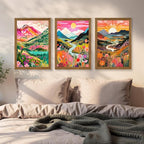 DUWQU 3 piece Colorful Watercolor Mountain Canvas Wall Art Boho Floral Painting Picture Wall Decor Abstract Nature Landscape Poster Print Artwork for Living Room Bedroom Office 16x24 Inch Wood Frames