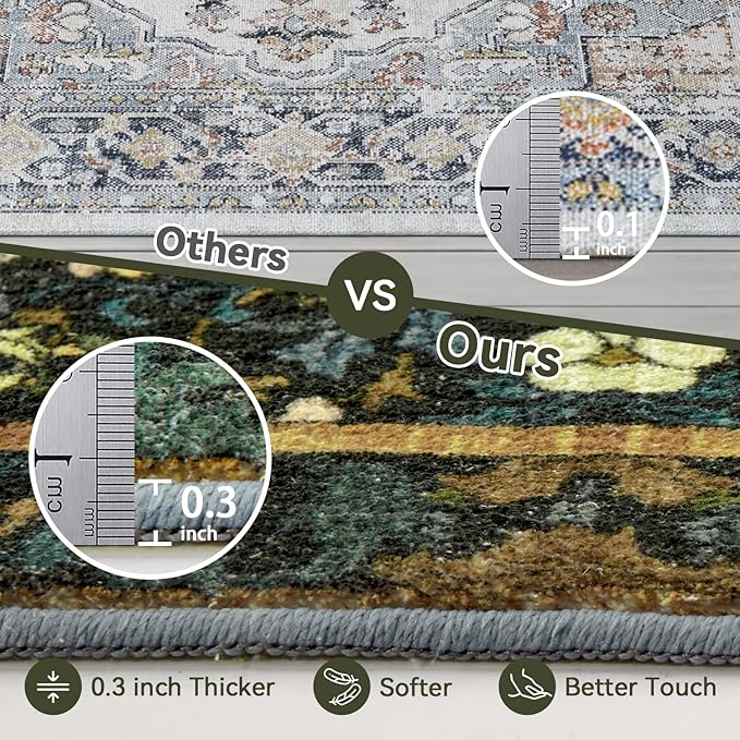 Topllen Washable Area Rug - Area Rug 8'x10' Boho Soft Living Room Rug, Non-Slip Large Area Rugs Indoor for Dining Room Livingroom Bedroom, Vintage Rug (Dark Green, 8x10ft)