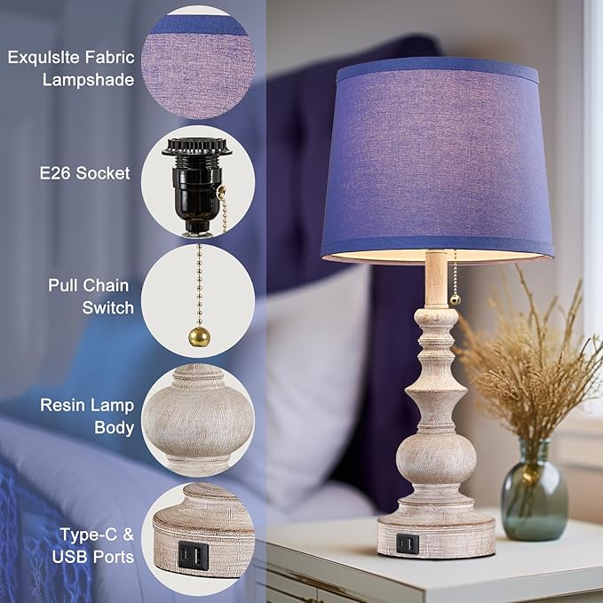 22'' Farmhouse Bedroom Table Lamps Set of 2 Bedside Nightstand Lamps with USB A/C Charging Ports Small Side Table Lamps for Living Room End Tables, Wooden Finish, Blue Shade, Bulb Not Included