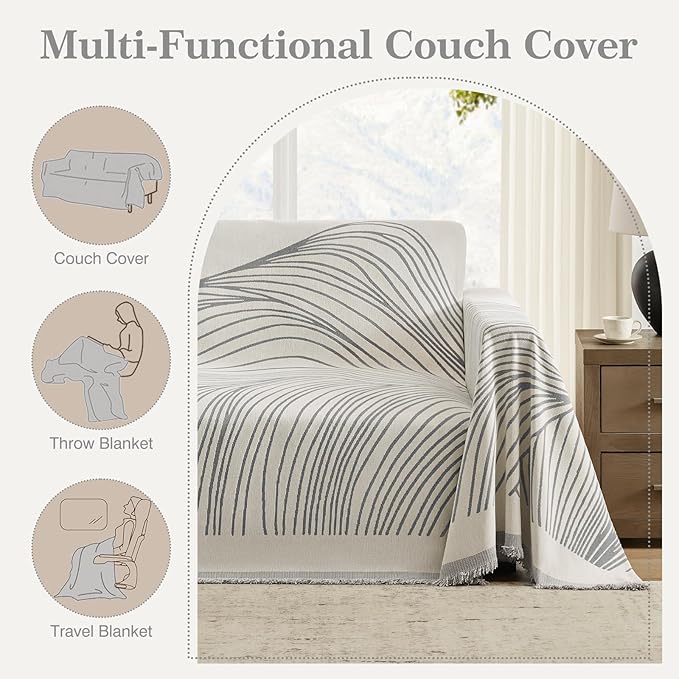 Boho Couch Cover Washable Sectional Couch Covers for Dogs Reversible Sofa Slipcover for 2 or 3 Cushion Couch Pet Friendly Furniture Protector (1# Grey, 91" x 150")