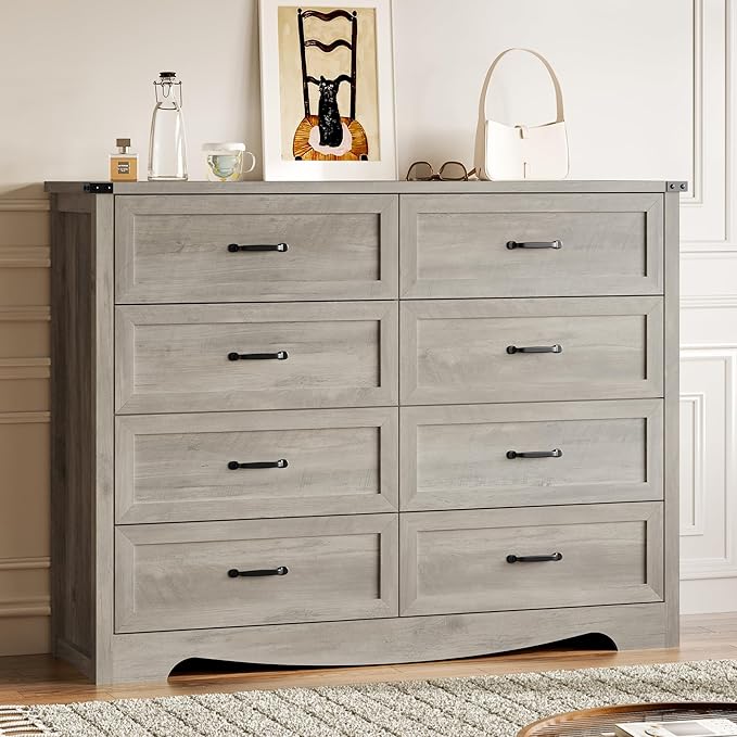8-Drawer Dresser for Bedroom, Modern Wooden Chest of Drawers with Metal Handles, Anti-Tipping Design, Sturdy and Stable Storage Organizer for Living Room, Entryway, Home Office