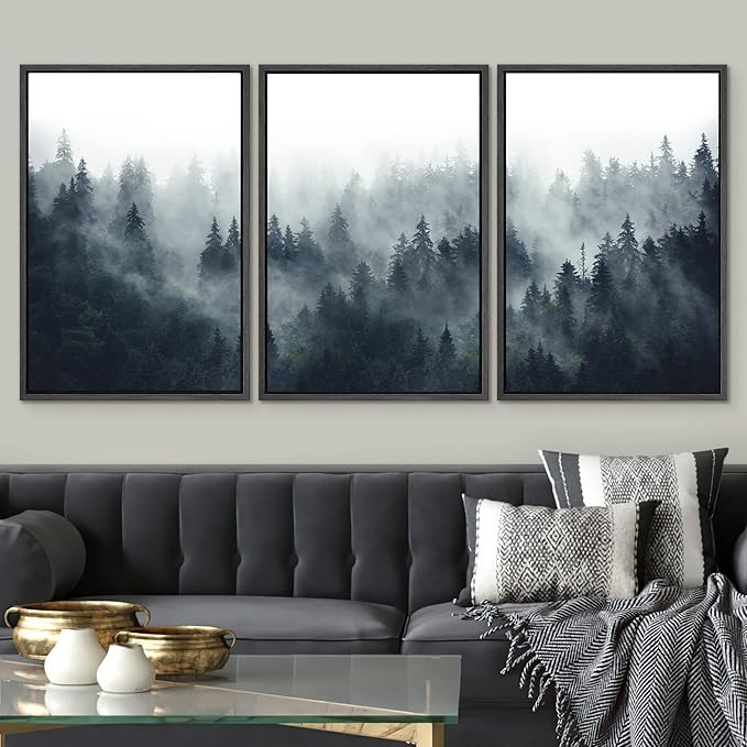 SIGNWIN Framed Canvas Print Wall Art Woodland Nursery Decor Set Misty Mountain Range Pine Tree Forest Nature Realism Decorative Rustic for Living Room, Bedroom, Office - 24"x36"x3 Black