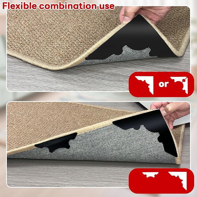 Rug Non Slip Grippers, Reusable Rug Tape Pads for Hardwood Floors and Tiles, Strong Carpet Gripper for Area Rugs, No Damaging for Floor, 8Pcs