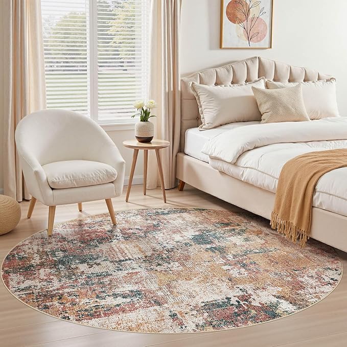 Tortania Washable 5' Round Area Rug for Living Room: Modern Abstract Neutral Large So' Thin Rugs - Non Slip Indoor Carpet for Bedroom Dining Room Office Nursery Home Floor Decoration - Colorful Multi