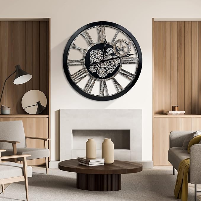 Large Wall Clock, Clocks for Living Room Decor Oversized 30 Inch Wall Decor Farmhouse Vintage Rustic Industrial Roman Big Chic Home Decor Wall Clock for House Bedroom Office, Moving Gears Clock