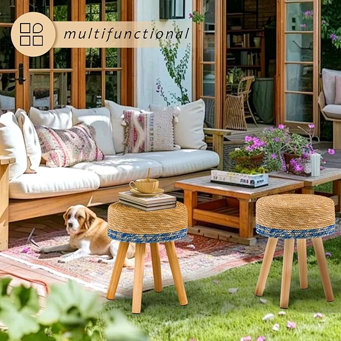 Handwoven Outdoor Ottoman, Water Hyacinth Pouf Round Patio Footstool with Wood Legs, 17-Inch Multipurpose Vanity Stool, Dining Chair, Patio Footrest for Balcony and Garden, Blue