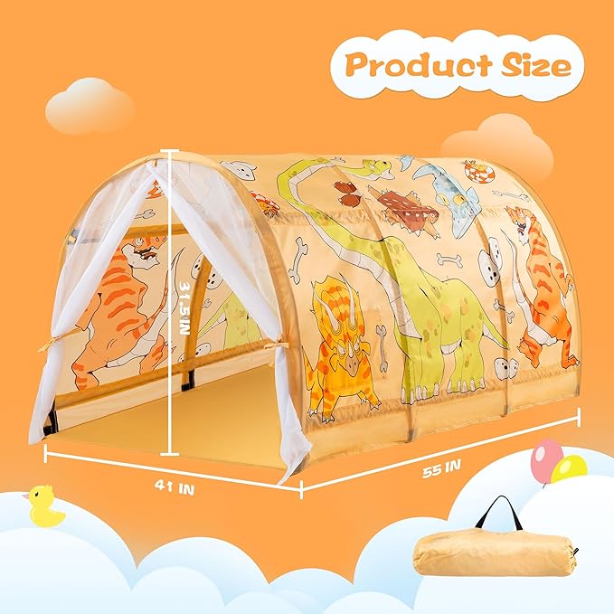 Bed Tent for Kids with LED Strip Lights Toddler Bed Tent Foldable Game House for Children Play Tents for Girls Boys Sleeping Canopy Playhouse (Yellow-Animal)