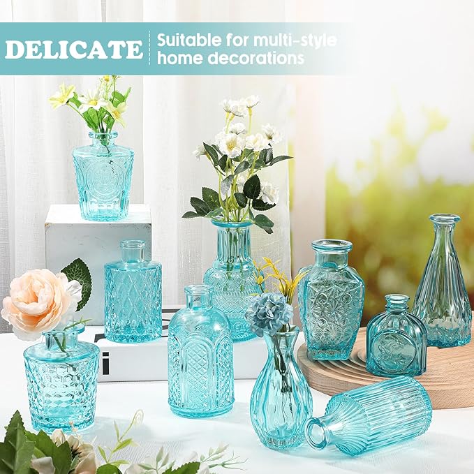 20 Pcs Glass Bud Vase Set Small Vintage Flower Vase in Bulk for Centerpieces Rustic Decorative Glass for Wedding Table Home Christmas Decoration (Light Blue)
