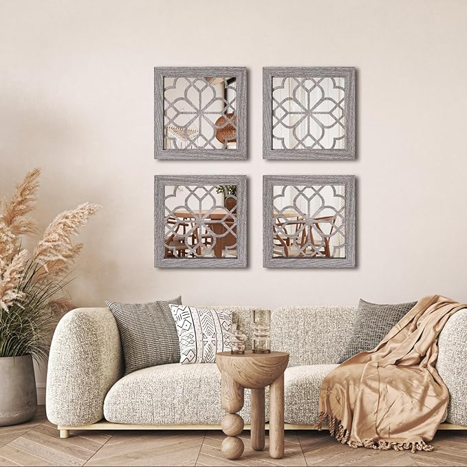 Boho Square Wall Mirrors Set of 2-12" x12'Decorative Mirrors for Wall Decor, BrownHandcrafted Mirror Panels Perfect for LivingRoom Bedroom Entryway Hallway (Brown)