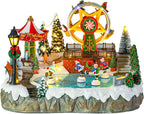 Bdor Christmas Village Lighted Decoration with Carousel, Ferris Wheel, Skaters | 11.4 x 10.4 x 7.7 Inches Animated Holiday Scene with Music & LED Lights for Indoor Home Décor