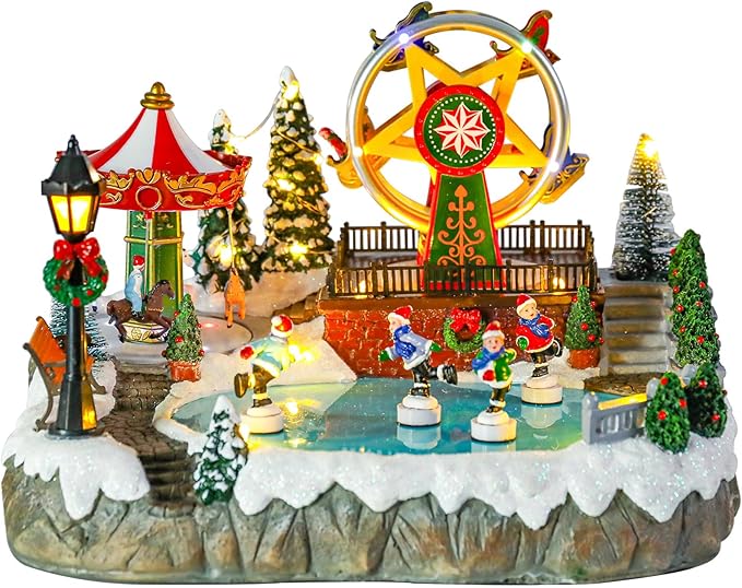 Bdor Christmas Village Lighted Decoration with Carousel, Ferris Wheel, Skaters | 11.4 x 10.4 x 7.7 Inches Animated Holiday Scene with Music & LED Lights for Indoor Home Décor
