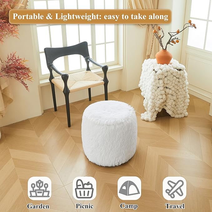 XeGe Fluffy Faux Fur Inflatable Pouf Ottoman, Comfy Shaggy Fuzzy Foot Stool Anti-Slip, Plush Foot Rest Floor Pouf Home Decorative, Foldable Round Ottoman Cushion for Living Room Bedroom, White