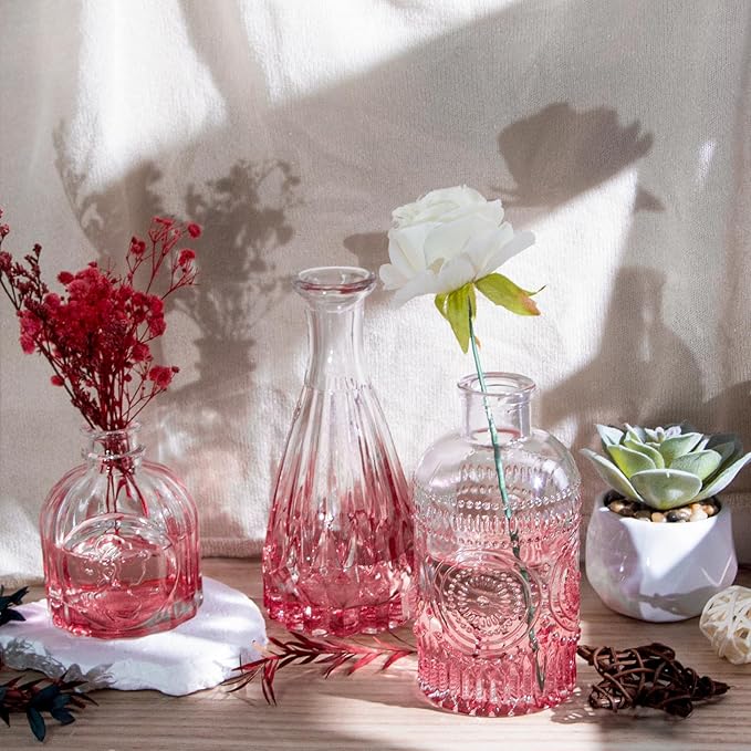 Pink Glass Bud Vases Set of 12, Vintage Mini Vases for Centerpieces, Glass Bud Vase in Bulk for Wedding Decor, Single Flowers, Office and Home Table Flower Décor