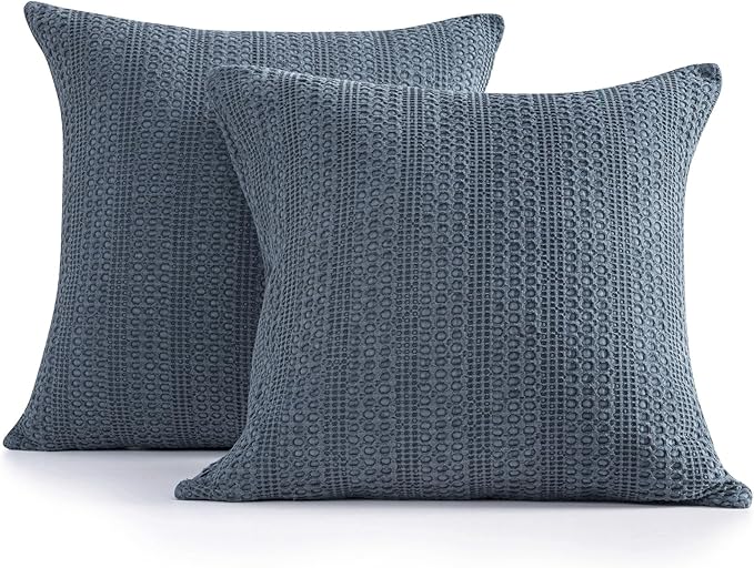 18x18 Throw Pillow Covers Set of 2 Boho Decorative Pillow Shams Stone Washed Cotton Pillowcase Waffle Square for Couch Sofa Chair Bed Car, Blue Grey