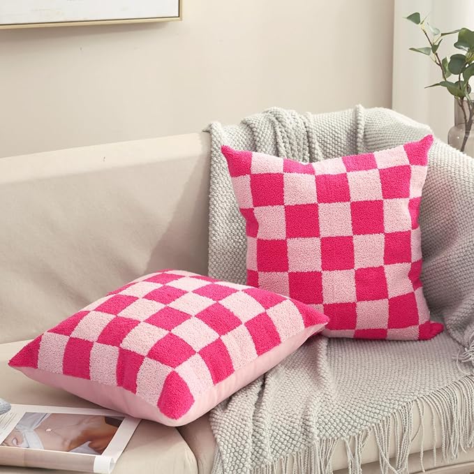 Alysheer Checkered Embroidered Decorative Throw Pillow Covers 18"x 18" Set of 2, Farmhouse Cottage Hot Pink Plaid Tufted Patterned Cotton Canvas Cushion Case for Sofa Couch Bed Living Room