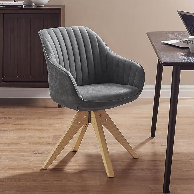 Art Leon Office Chair No Wheels, Mid Century Modern Desk Chair, Swivel Accent Chair with Oak Wood Legs, Faux Leather Upholstered Armchair for Desk, Gray